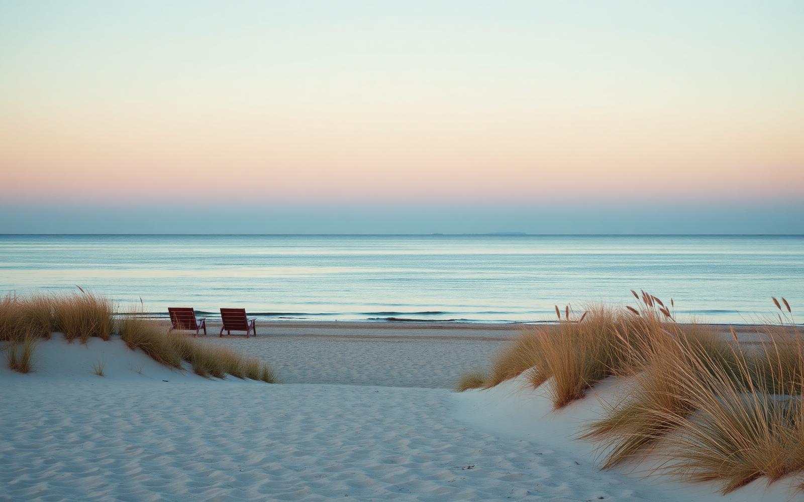 Sonnenaufgang über der Ostsee mit Dünengras und Strandkörben an der deutschen Ostsee