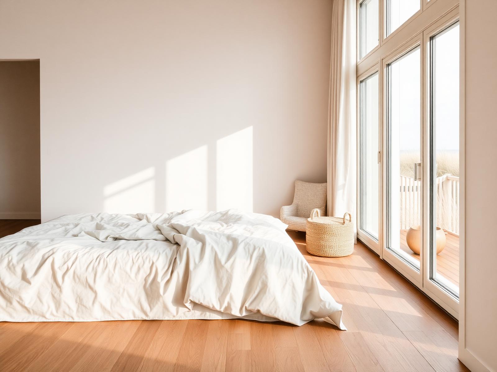 Helles Schlafzimmer einer Ferienwohnung an der Ostsee mit frischer Bettwäsche